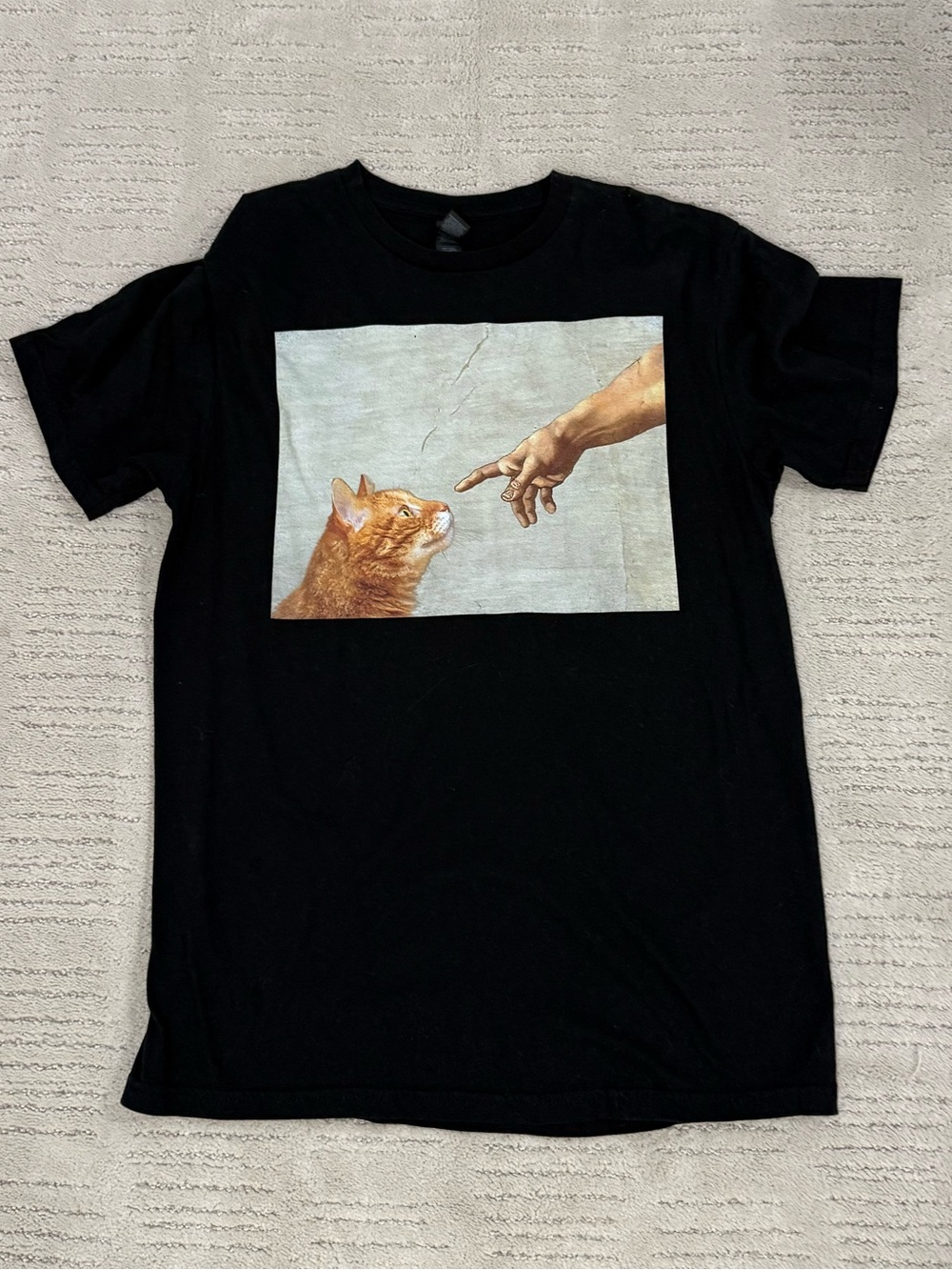 Cat Print Tee with funny Creation of Adam Artwork Tshirt